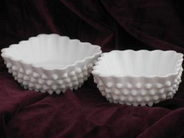 catalog photo of vintage Fenton hobnail milk glass candy / pickle dishes, square bowls