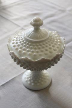 catalog photo of vintage Fenton hobnail milk glass compote or covered candy dish, original label