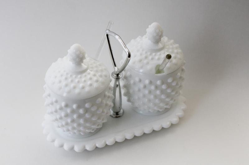 photo of vintage Fenton hobnail milk glass condiment set - jam / jelly jars w/ lids, glass spoons, tray #1