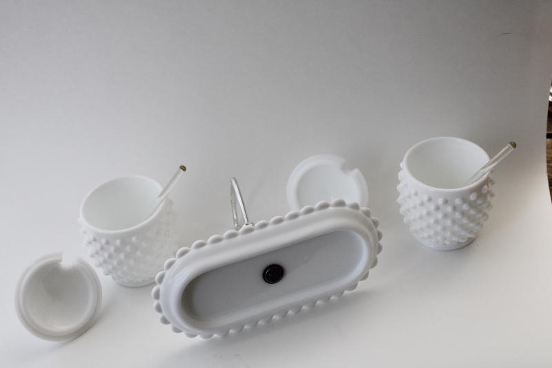 photo of vintage Fenton hobnail milk glass condiment set - jam / jelly jars w/ lids, glass spoons, tray #3