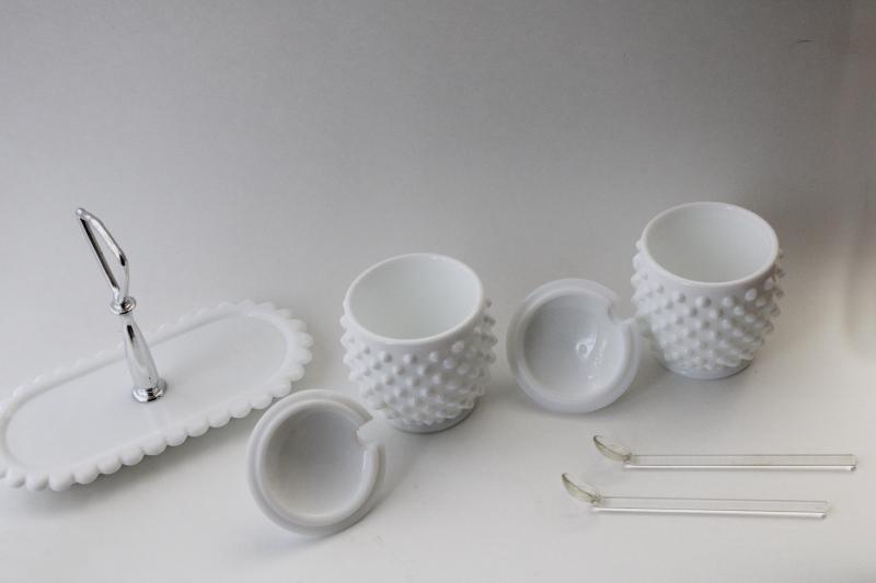 photo of vintage Fenton hobnail milk glass condiment set - jam / jelly jars w/ lids, glass spoons, tray #4