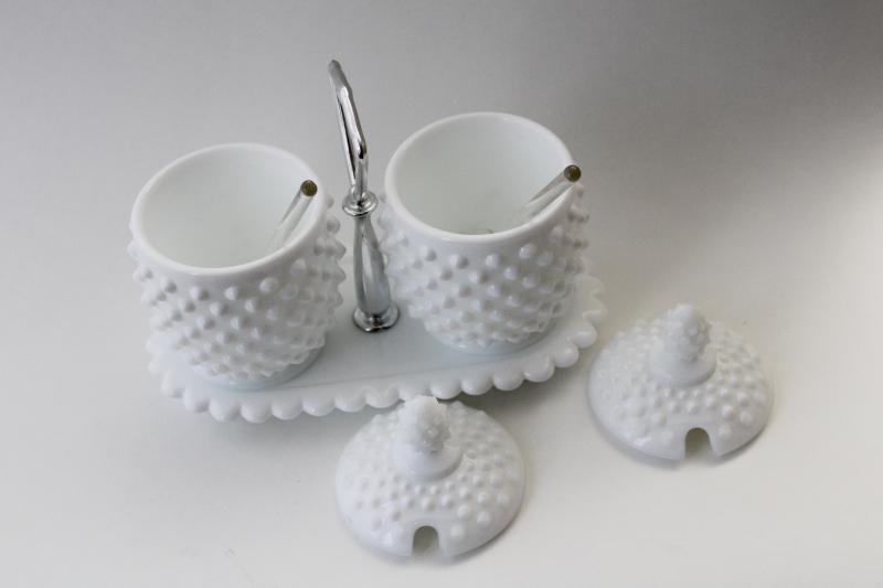 photo of vintage Fenton hobnail milk glass condiment set - jam / jelly jars w/ lids, glass spoons, tray #6