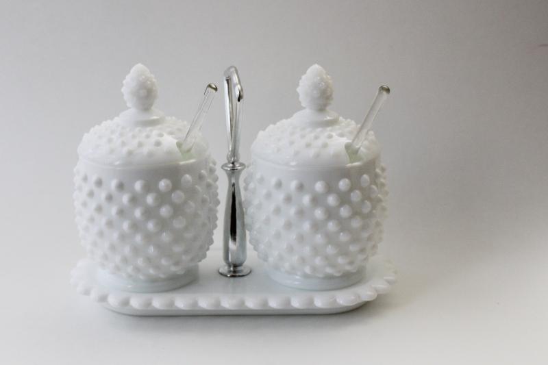 photo of vintage Fenton hobnail milk glass condiment set - jam / jelly jars w/ lids, glass spoons, tray #7