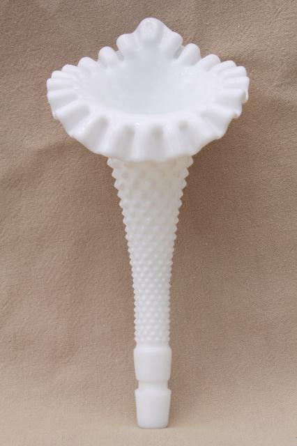 photo of vintage Fenton hobnail milk glass epergne flower vase horn, large 8 1/2 #2