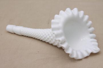 catalog photo of vintage Fenton hobnail milk glass epergne flower vase horn, large 8 1/2