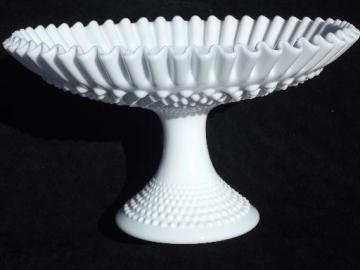 catalog photo of vintage Fenton hobnail milk glass fruit compote, huge centerpiece bowl