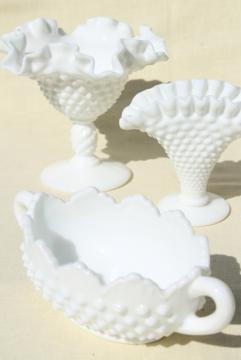 catalog photo of vintage Fenton hobnail milk glass, instant collection grouping of small vases