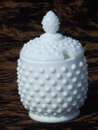 photo of vintage Fenton hobnail milk glass jam pot, preserves jar w/ notched lid  #1