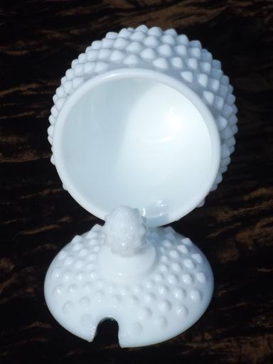 photo of vintage Fenton hobnail milk glass jam pot, preserves jar w/ notched lid  #3