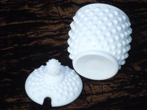 photo of vintage Fenton hobnail milk glass jam pot, preserves jar w/ notched lid  #4