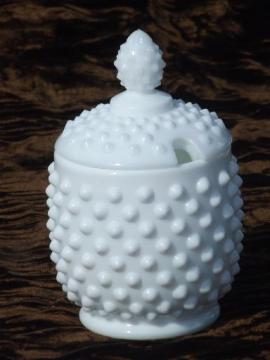 catalog photo of vintage Fenton hobnail milk glass jam pot, preserves jar w/ notched lid 