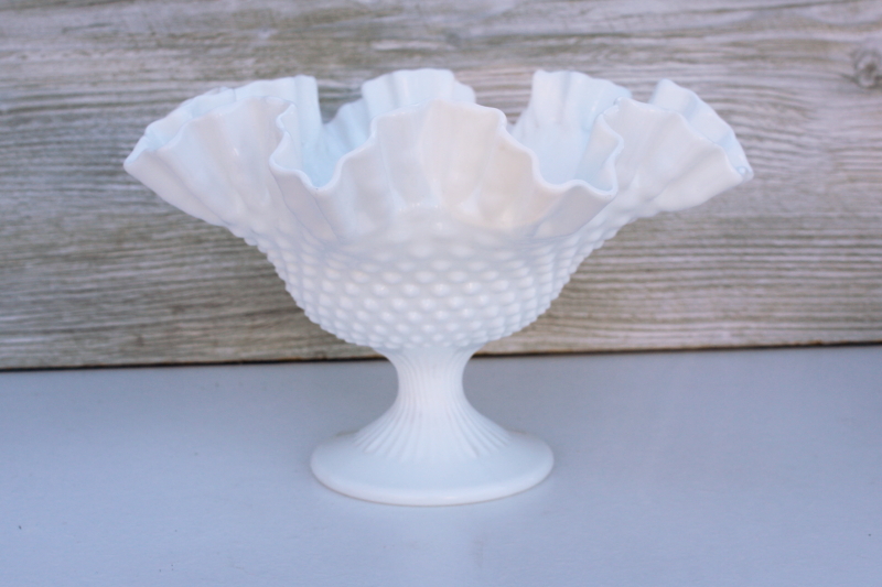 photo of vintage Fenton hobnail milk glass large compote pedestal bowl w/ crimped ruffle rim #1