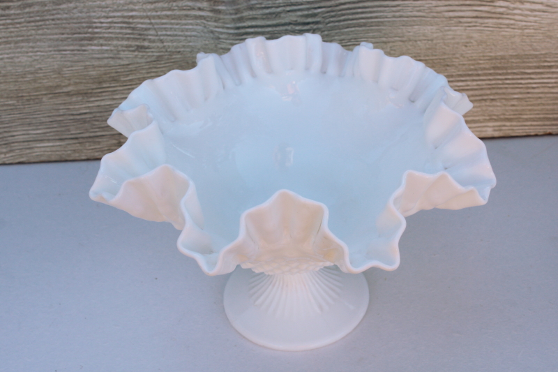 photo of vintage Fenton hobnail milk glass large compote pedestal bowl w/ crimped ruffle rim #2