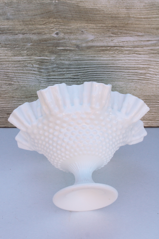 photo of vintage Fenton hobnail milk glass large compote pedestal bowl w/ crimped ruffle rim #4