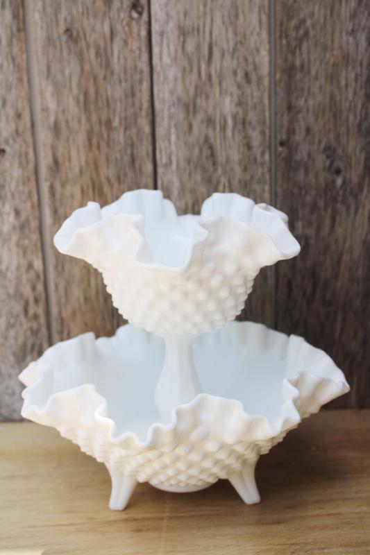 photo of vintage Fenton hobnail milk glass, large flower bowl and tall candy dish #1