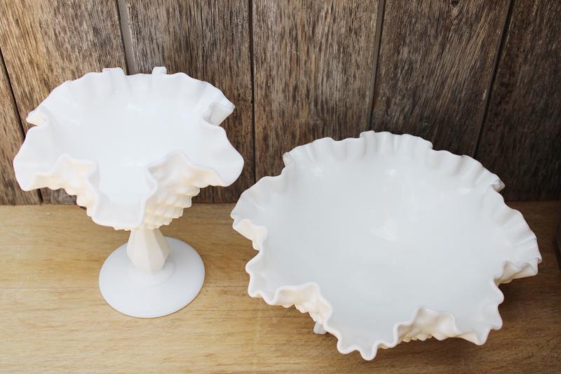 photo of vintage Fenton hobnail milk glass, large flower bowl and tall candy dish #3