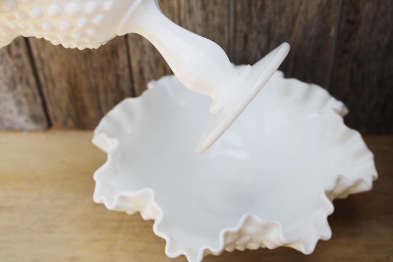 photo of vintage Fenton hobnail milk glass, large flower bowl and tall candy dish #4