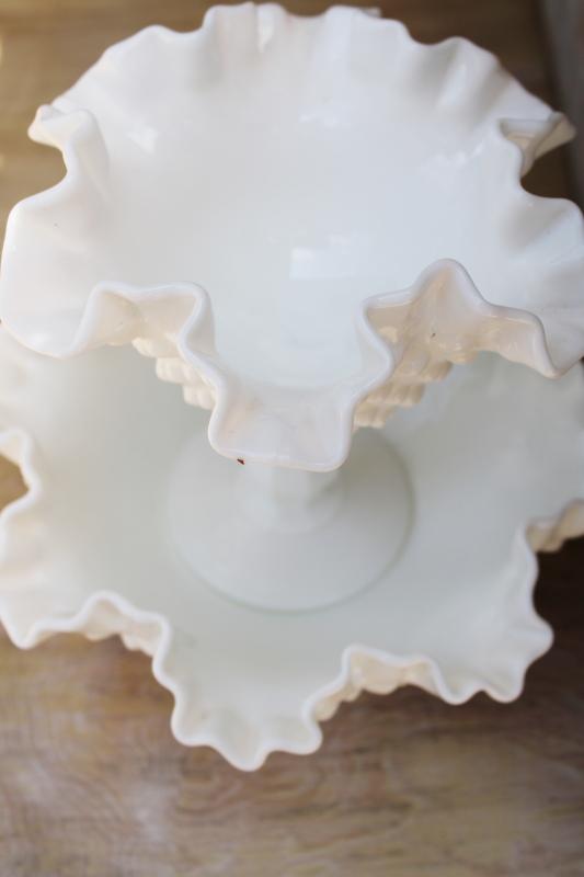 photo of vintage Fenton hobnail milk glass, large flower bowl and tall candy dish #6