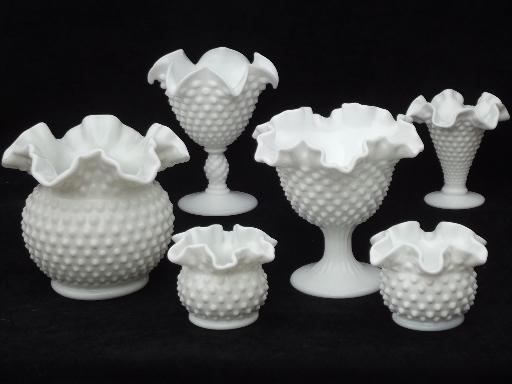 photo of vintage Fenton hobnail milk glass lot flower vases, planters, rose bowls #1