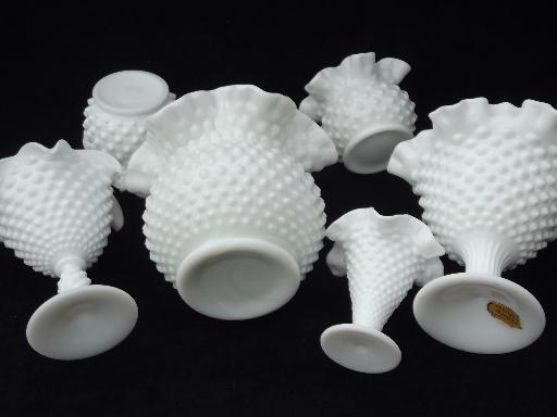 photo of vintage Fenton hobnail milk glass lot flower vases, planters, rose bowls #8