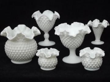 catalog photo of vintage Fenton hobnail milk glass lot flower vases, planters, rose bowls