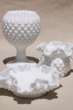 catalog photo of vintage Fenton hobnail milk glass lot - ivy ball, violet vase, crimped ruffle bowl