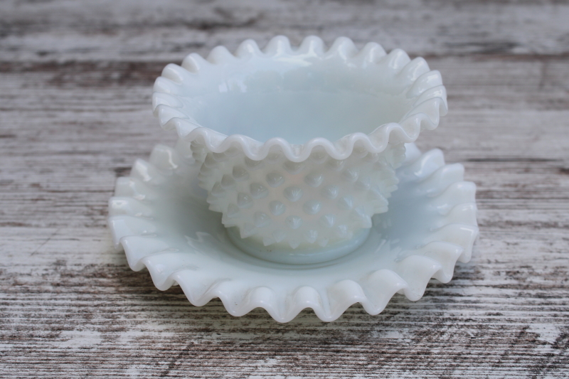 photo of vintage Fenton hobnail milk glass mayo set, mayonnaise bowl w/ small under plate or planter pot w/ saucer #1