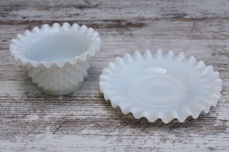 photo of vintage Fenton hobnail milk glass mayo set, mayonnaise bowl w/ small under plate or planter pot w/ saucer  #3