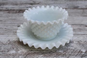 catalog photo of vintage Fenton hobnail milk glass mayo set, mayonnaise bowl w/ small under plate or planter pot w/ saucer 