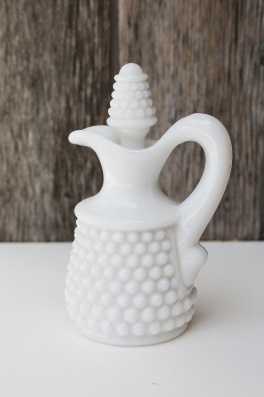 photo of vintage Fenton hobnail milk glass oil or vinegar cruet pitcher, bottle w/ stopper #1