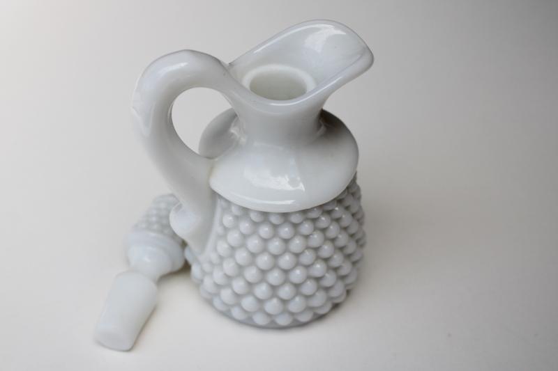 photo of vintage Fenton hobnail milk glass oil or vinegar cruet pitcher, bottle w/ stopper #2