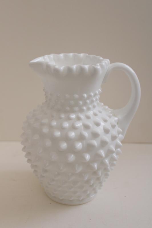 photo of vintage Fenton hobnail milk glass pitcher / flower vase, wedding decor #1