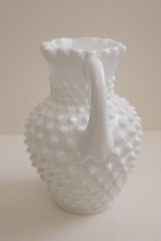 photo of vintage Fenton hobnail milk glass pitcher / flower vase, wedding decor #3