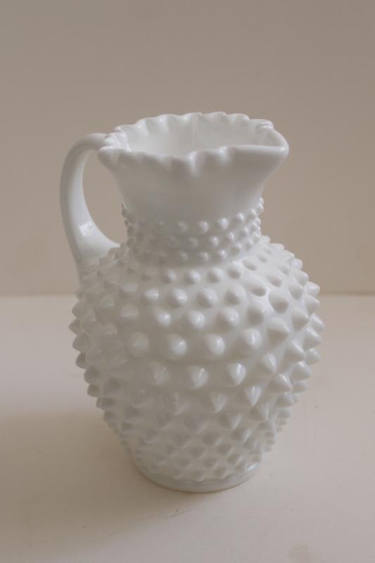 photo of vintage Fenton hobnail milk glass pitcher / flower vase, wedding decor #5