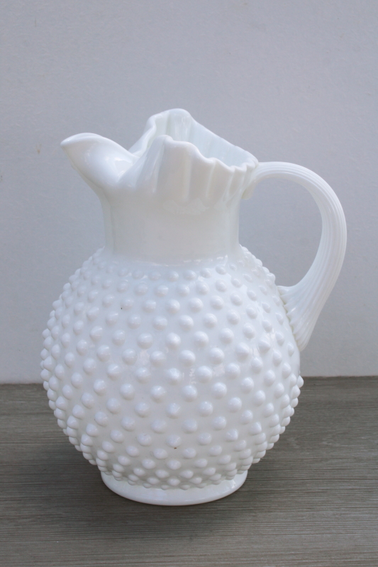 photo of vintage Fenton hobnail milk glass pitcher, ice lip water or lemonade pitcher jug shape #1