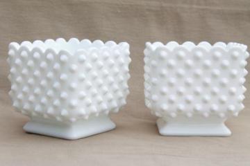 catalog photo of vintage Fenton hobnail milk glass planters, square cube shaped flower pots