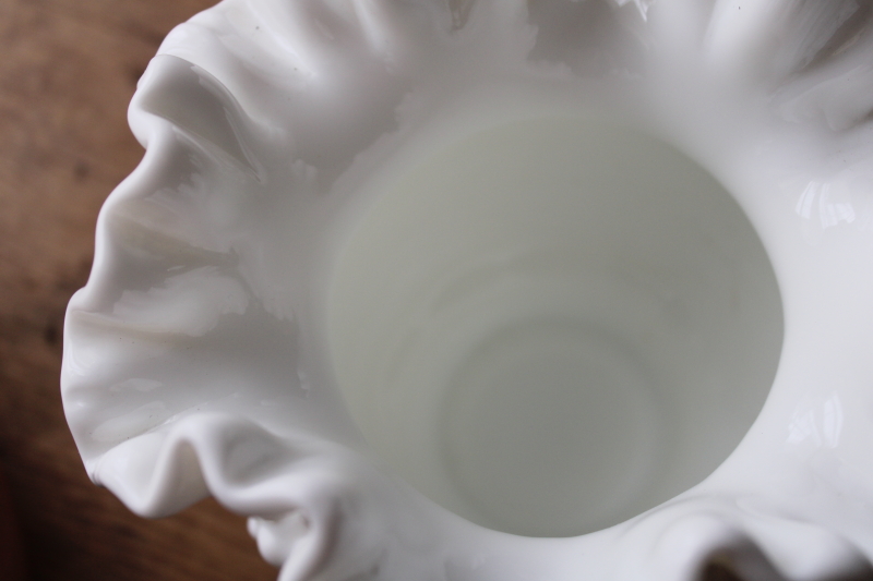 photo of vintage Fenton hobnail milk glass rose bowl, double crimped vase w/ low round shape  #3
