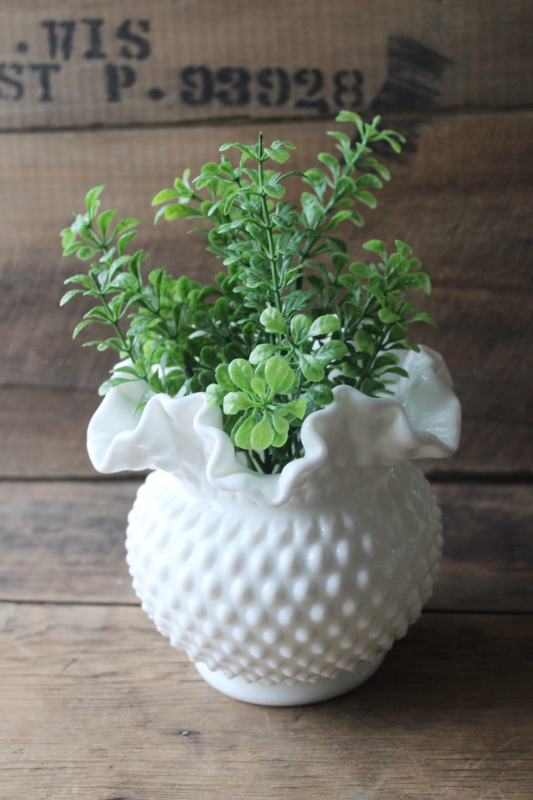 photo of vintage Fenton hobnail milk glass rose bowl, double crimped vase w/ low round shape  #6