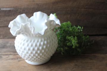 catalog photo of vintage Fenton hobnail milk glass rose bowl, double crimped vase w/ low round shape 