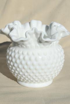 catalog photo of vintage Fenton hobnail milk glass rose bowl flower vase w/ crimped ruffle edge