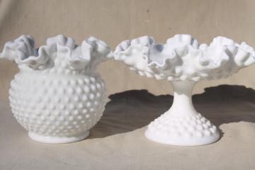 catalog photo of vintage Fenton hobnail milk glass rose vase or ivy bowl & ruffled compote candy dish