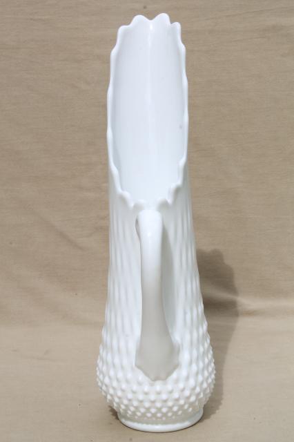 photo of vintage Fenton hobnail milk glass, tall swung shape pitcher vase for long stemmed flowers #4