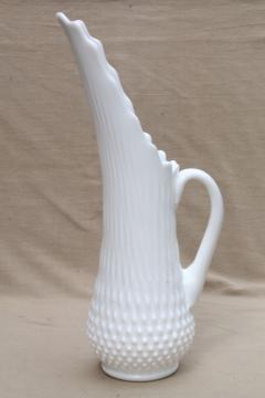 catalog photo of vintage Fenton hobnail milk glass, tall swung shape pitcher vase for long stemmed flowers