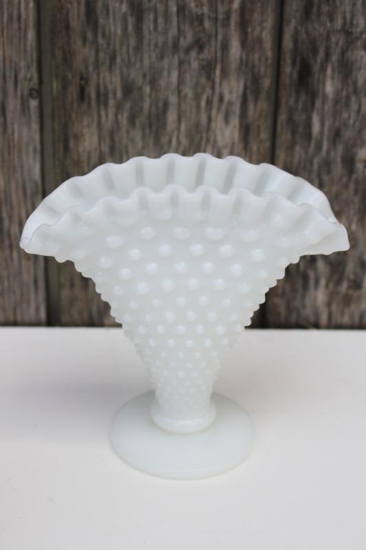 photo of vintage Fenton hobnail milk glass vase, mini fan vase for violets or tiny flowers #1