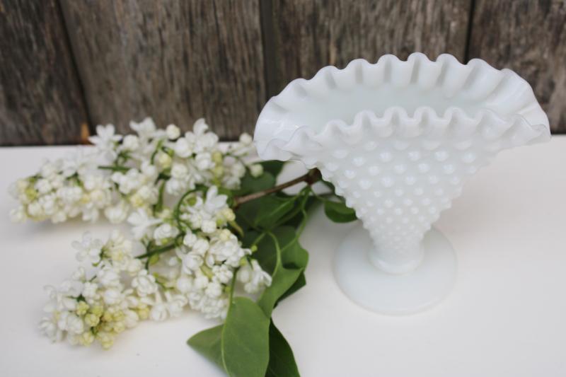 photo of vintage Fenton hobnail milk glass vase, mini fan vase for violets or tiny flowers #2