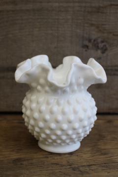 catalog photo of vintage Fenton hobnail milk glass vase, short round shape w/ crimped ruffle