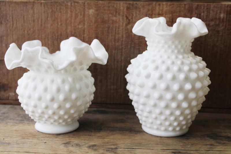 photo of vintage Fenton hobnail milk glass vases, crimped ruffled small vase & planter pot #1