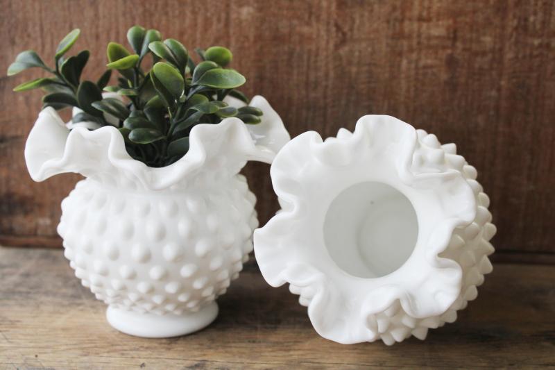 photo of vintage Fenton hobnail milk glass vases, crimped ruffled small vase & planter pot #2