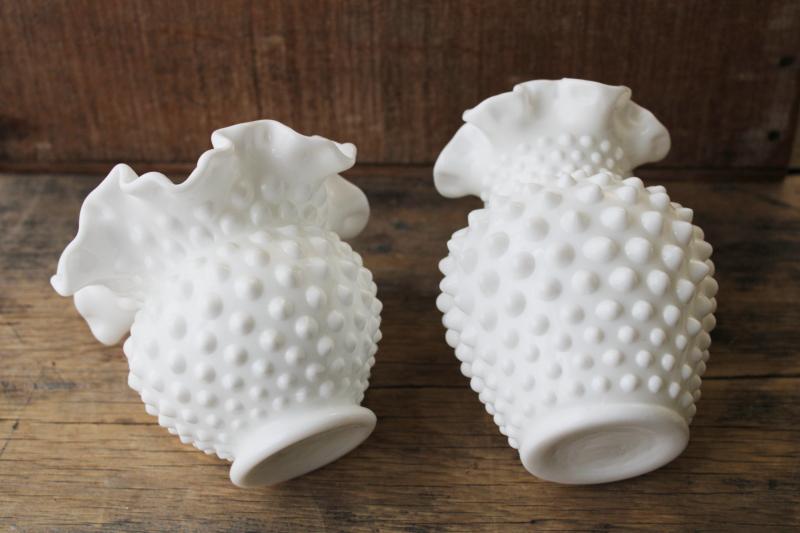 photo of vintage Fenton hobnail milk glass vases, crimped ruffled small vase & planter pot #3