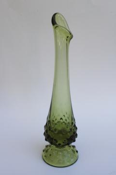 catalog photo of vintage Fenton hobnail pattern bud vase, mod swung shape vase avocado green